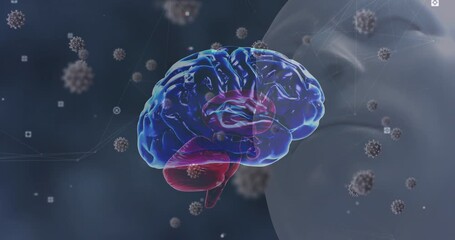 Start showing 3D brain rotating and viral particles drifting past face depicting neural link - Powered by Adobe