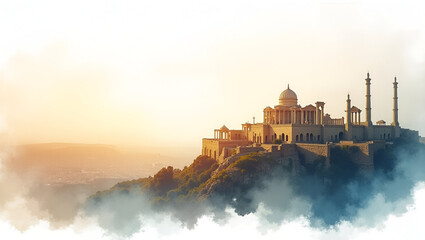 Stunning Aerial View of Ancient City Ruins in Realistic Watercolor: Travel Panorama with Textured Brushstrokes and Subtle Color Gradients - Perfect for Photo Stock