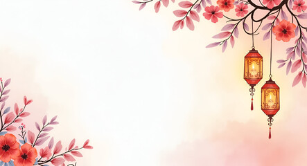 Ethereal Watercolor Illustration of Divine Celebration: Pastel Floral Lanterns & Elegant Calligraphy in Artistic Style - Perfect for Sacred Festivity Photo Stock with Left Space