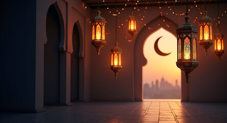 Ornate Lanterns and Crescent Moon: A Realistic Ramadan Scene with Decorated Archway and Soft Ambient Lighting - Perfect for Celebrating the Spirit of Ramadan