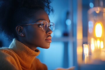 Young Black woman examining prototype and reflecting on product testing challenges in a lab setting