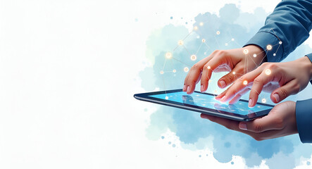Seamless Online Collaboration: Realistic Watercolor of Hands Exchanging Digital Data Icons on Tablet - Nuanced Washes & Brush Detail in Photo Stock with Empty Space for Text