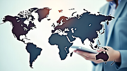 Closeup of Financial Analyst Calculating Global Currency Exchange Rates with Watercolor World Map Overlay - Realistic Textures and Empty Space for Text