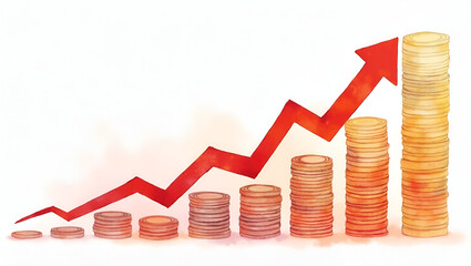 Realistic watercolor illustration of global inflation trends chart overlay on faded currency collage with rising arrows highlighted in pastel reds and oranges in  Photo Stock  Concept  and empty space