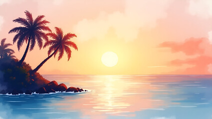 Watercolor Tropical Sunset Illustration: Serene Seaside Silhouette with Warm Hues and Soft Washes - Perfect for Photo Stock Concepts with Left Space