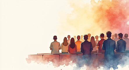 Watercolor painting depicting faithful gathering inside prayer hall with loose brushstrokes of worshippers in unity posture on textured paper in  Photo Stock  Concept  and empty space on the left side