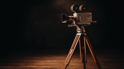 Vintage film camera on wooden tripod with metallic body, large rectangular lens hood, and two round film reels, illuminated by warm golden light on wooden floor.