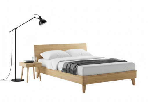 A modern wooden bed with white bedding, a grey blanket, a nightstand, and a floor lamp on a transparent background