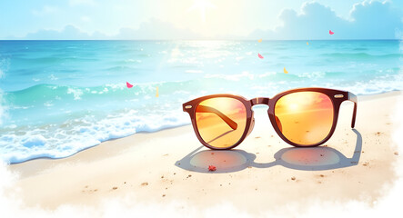 Watercolor Realistic Illustration of Reflective Sunglasses on White Sand with Sunlight and Surf Background - Photo Stock Concept with Empty Space