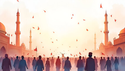 Watercolor illustration of Muharram festival scene in pastel tones featuring ceremonial flags crowd participants decorative lanterns and soft sky hues in  Photo Stock  Concept  and empty space on the 