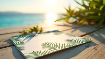 Tropical Destination Wedding Invitation Suite with Palm Leaf Motifs on Artisanal Paper Against Sunlit Ocean Horizon - Perfect for Travel and Wedding Themes