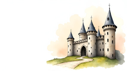 Watercolor Painting of Medieval Architecture: Castle Turrets, Stone Archways, Ornamental Carvings, Pale Sky, Stylized Brushwork, Photo Stock Concept, Empty Space Left