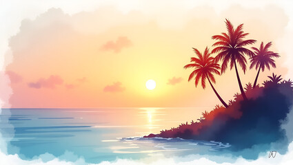 Watercolor style realistic illustration of a tropical sunset scene with soft watercolor washes blending warm hues into serene seaside silhouette in  Photo Stock  Concept  and empty space on the left s
