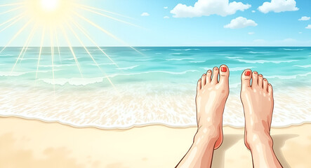 Realistic Watercolor Illustration of Sand Between Toes on Sunlit Beach, Gentle Waves Retreating, Perfect for Relaxation and Summer Vibes - Empty Space on Left Side
