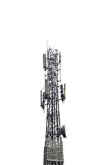 Telecommunication tower with 5G cellular network antenna with a white background. Lower angel photo...