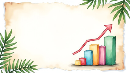 Watercolor depiction of summer finance scene showing pastel hued bar charts and palm leaf accents on parchment in  Photo Stock  Concept  and empty space on the left side