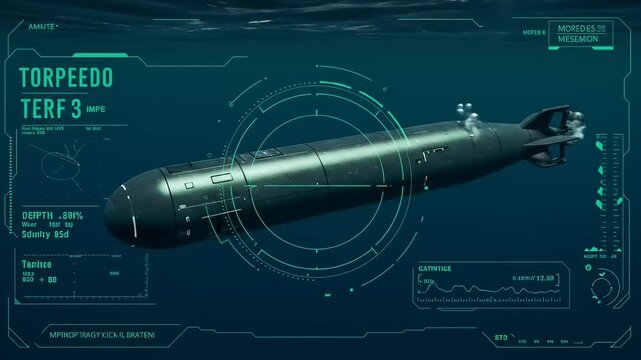 Underwater view of a torpedo labeled TERF 3, showcasing digital analytics and depth metrics