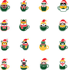 Sixteen festive cartoon animals cheerfully peek from mugs wearing Santa hats on white background