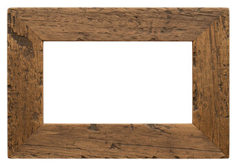 A rustic wooden picture frame with a weathered texture, isolated on a transparent background