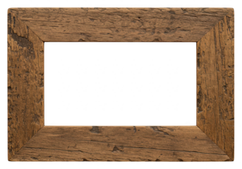 A rustic wooden picture frame with a weathered texture, isolated on a transparent background