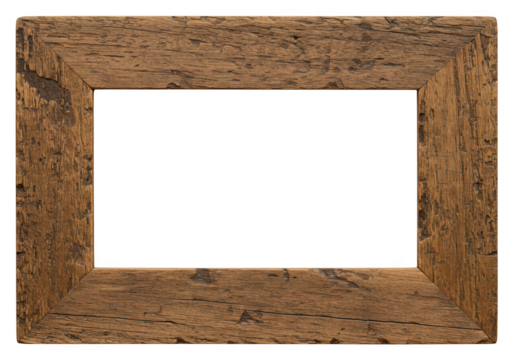 A rustic wooden picture frame with a weathered texture, isolated on a transparent background