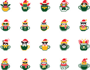 Diverse animals wearing festive Santa hats peek from colorful, decorative cups arranged on white