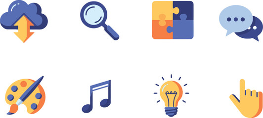 Vector art of a collection of colorful cartoon icons featuring a cloud, magnifier, puzzle, speech bubble, and music note isolated on transparent background
