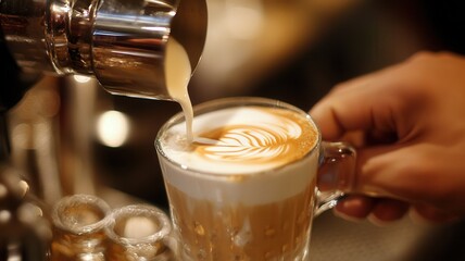 Close up of barista pouring frothed milk cup, coffee into creating beautiful latte art in cozy cafe atmosphere