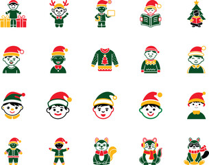 Twenty diverse Christmas icons portray holiday themes and Santa figures in red and green