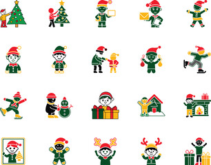 Cheerful kids decorate a Christmas tree and enjoy various festive activities in minimalist style