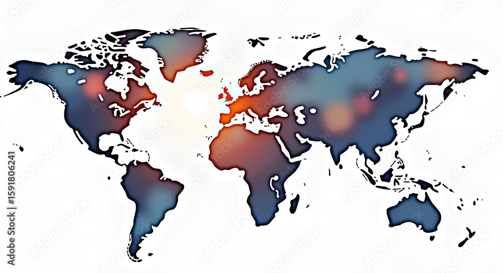 Poster high resolution watercolor scene depicting global market dynamics comparison charts overlaid on worl