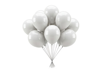 A large bunch of glossy white balloons is tied together with strings, floating against a transparent background
