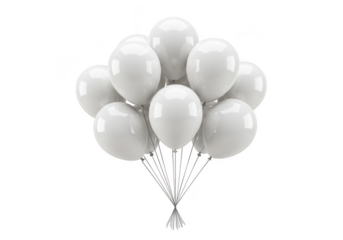 A large bunch of glossy white balloons is tied together with strings, floating against a transparent background