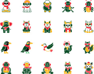 Twenty cartoon animals are wearing winter accessories with a green, red, and yellow outline