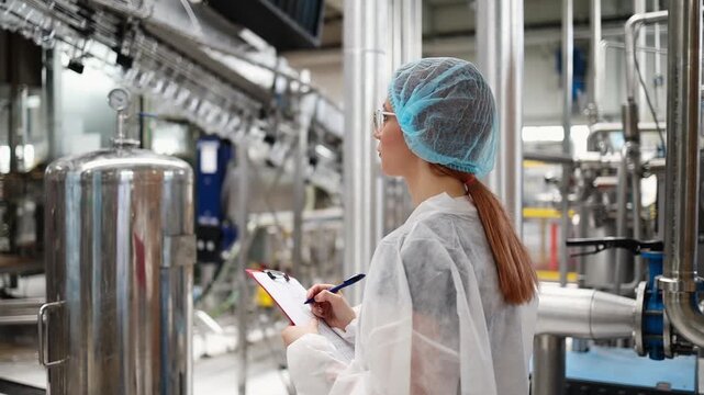Female quality control inspector wearing protective clothing and mask writing notes on clipboard while inspecting production line in water bottling factory