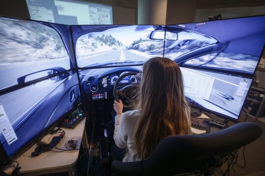 A woman sitting in a driving simulator surrounded by screens showing a virtual road view for realistic driving practice.
