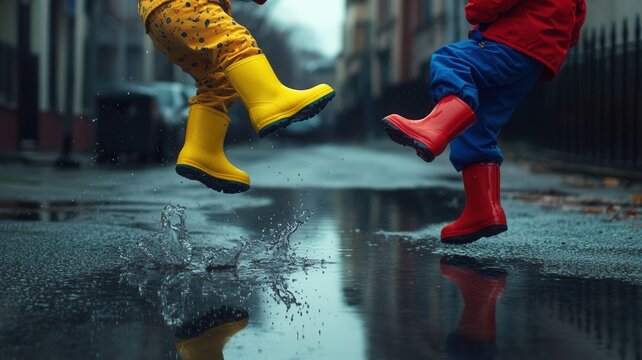 Playful kids while colorful rain boots splashing water in jumping wearing puddle during rainy afternoon