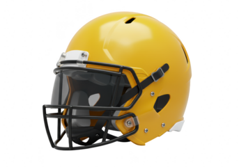 A bright yellow american football helmet with a clear visor and facemask, isolated on a transparent background for sports design