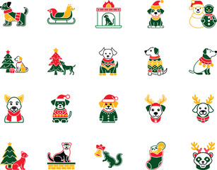 Various stylized Christmas icon set featuring dogs, cats, snowmen, squirrels, tree, panda and other animals