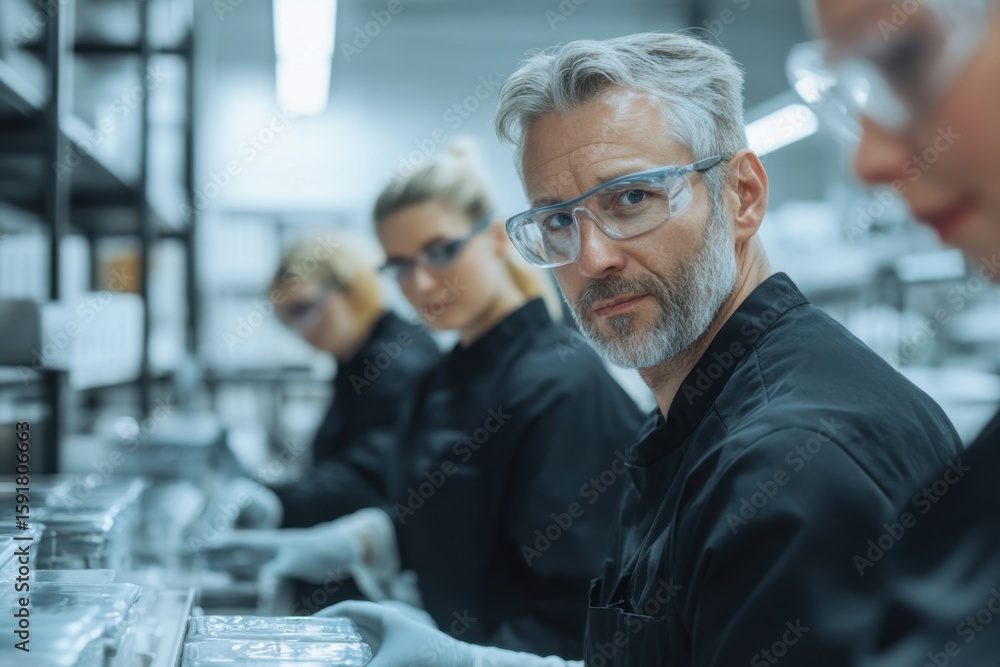 Poster diverse team of photoplater operators monitoring plating process in modern workshop