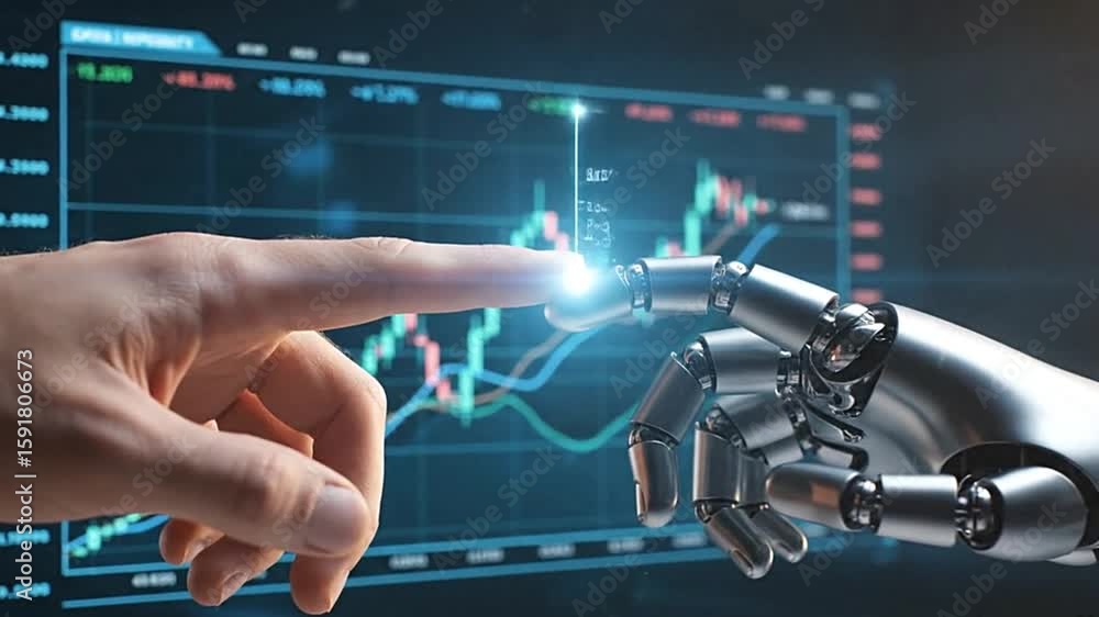 Poster a human finger touches a robot hand in front of a screen displaying a financial graph with red and g