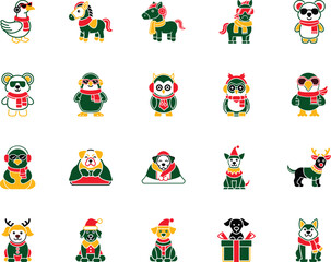 Festive animals wearing holiday apparel are arranged against a pure white transparent backdrop