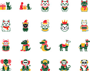 Collection displays stylized cartoon animals like cats, alligators, elephants, monkeys and pandas in red, green and yellow