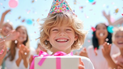 Happy boy wearing party hat gift birthday holding while friends clapping hands celebrating outdoors