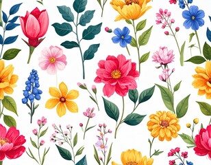Vibrant floral pattern with various flowers and leaves