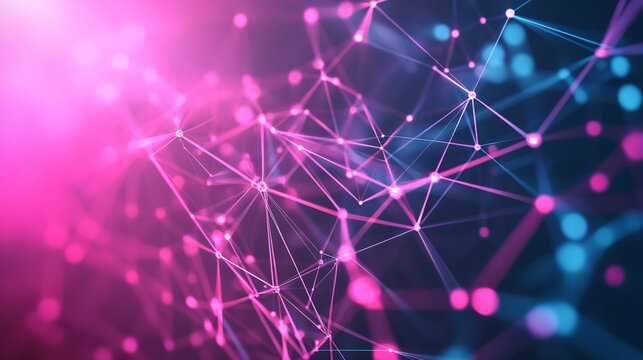 Abstract Network Connection Visualization with Pink and Blue Glowing Lines
