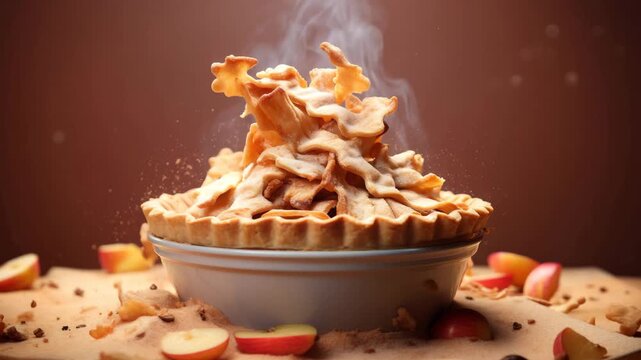 Cinematic Close-Up of Freshly Baked Apple Pie with Flaky Crust and Steam