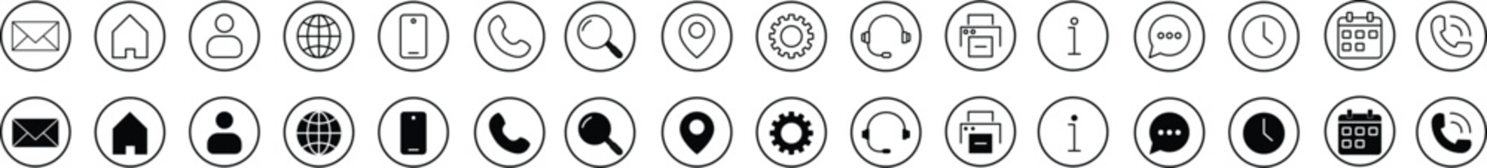 Contact icon set. Thin line and Solid icons vector collection. Web icon set. Phone, name, website, address, location and mail,  fax, info, logo symbol sign pack. Business icon for company.
