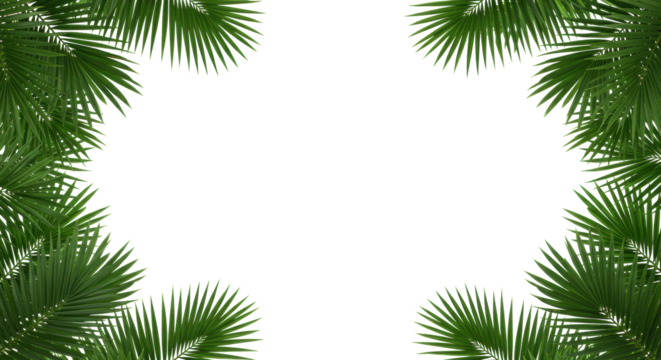 Vibrant green areca palm fronds with detailed venation frame a transparent seamless studio background with ample copy space, showcasing a fresh tropical commercial aesthetic.