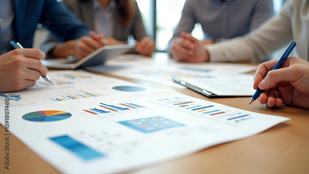 Poster realistic watercolor scene of professionals reviewing research reports on oak table - annotating pri